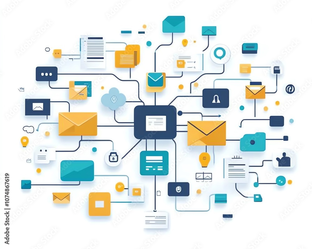 Digital file management concept with interconnected document and folder icons on a white background, representing efficient organization Digital file management concept with interconnected document and folder icons on a white background, representing efficient organization