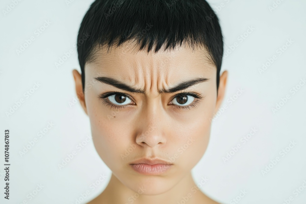 Close-up of woman with furrowed brow. Close-up of woman with furrowed brow.