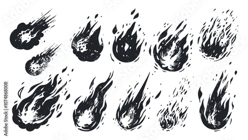 Fireballs Hand Drawn Linocut Grunge Texture Vector Set White Background Various Styles of Flames Explosions Fire Effects Unique Artistic Design Artwork Comic Book Dynamic Element