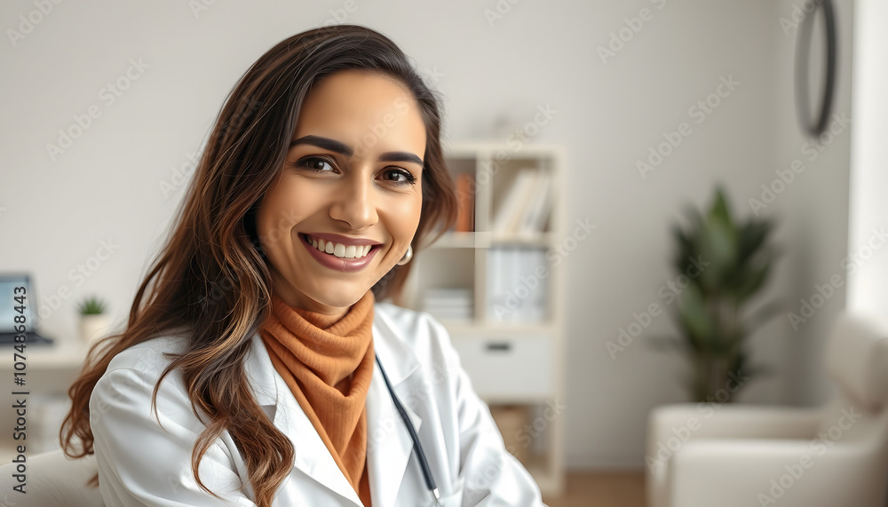 Portrait of happy middle eastern female psychologist smiling at camera during therapy session, working in clinic isolated with white highlights, png Portrait of happy middle eastern female psychologist smiling at camera during therapy session, working in clinic isolated with white highlights, png