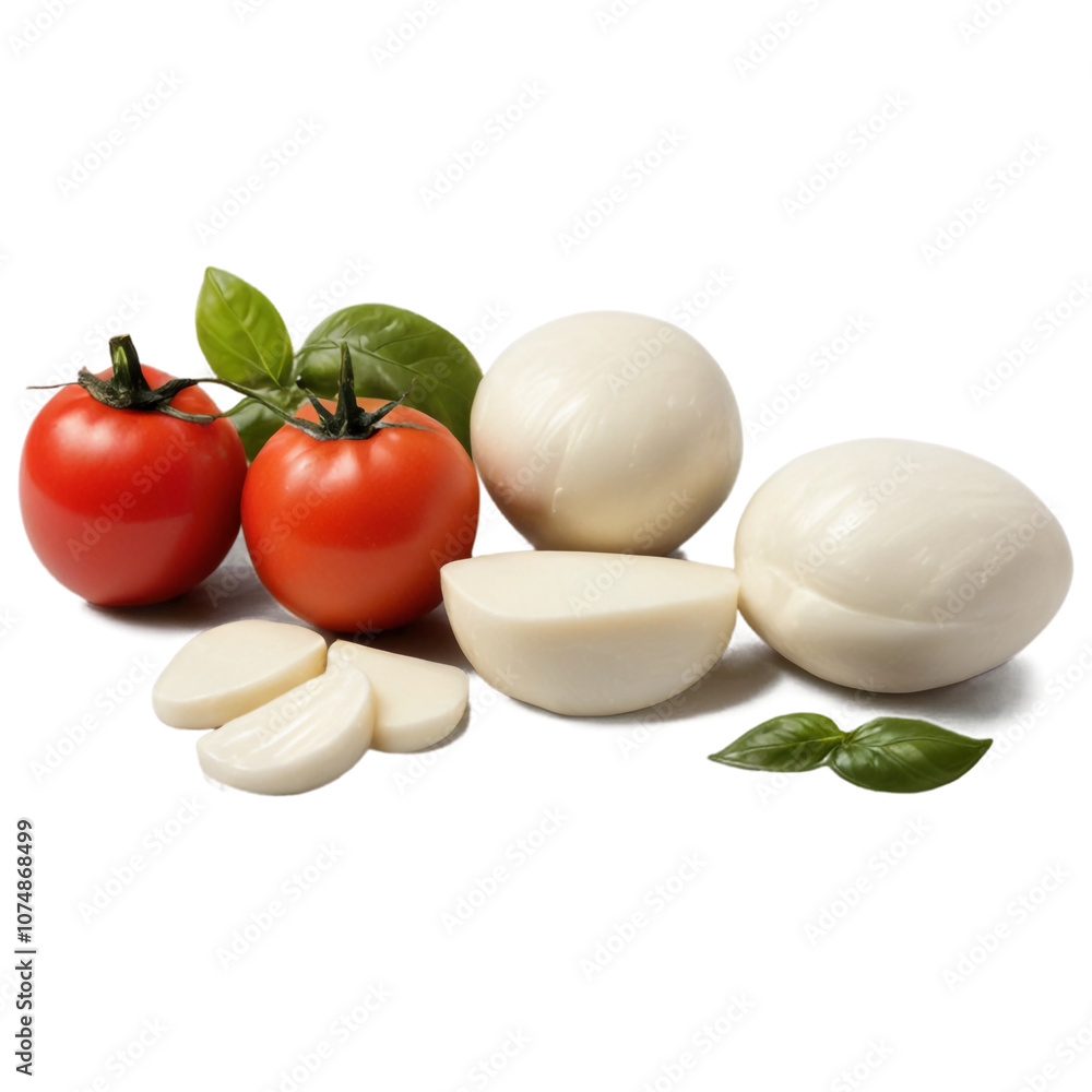 Fresh tomatoes and mozzarella cheese with basil leaves arranged on a white background Fresh tomatoes and mozzarella cheese with basil leaves arranged on a white background