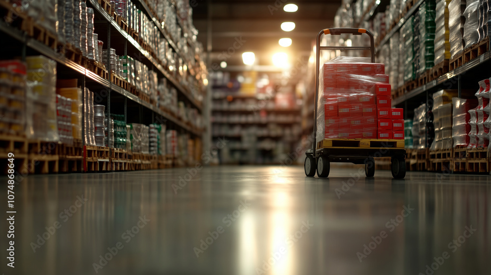 A spacious grocery warehouse filled with stacked goods; in the foreground, a pallet on a manual trolley highlights a wholesale concept with ample room for text. A spacious grocery warehouse filled with stacked goods; in the foreground, a pallet on a manual trolley highlights a wholesale concept with ample room for text.