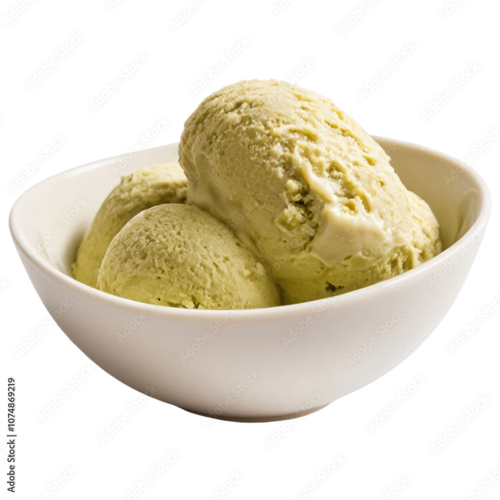 Creamy green ice cream scoops served in a white bowl, perfect for a refreshing dessert treat Creamy green ice cream scoops served in a white bowl, perfect for a refreshing dessert treat
