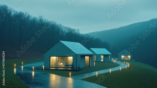 A serene, modern architectural scene featuring three houses illuminated on a rainy evening, set against a misty, green hillside.