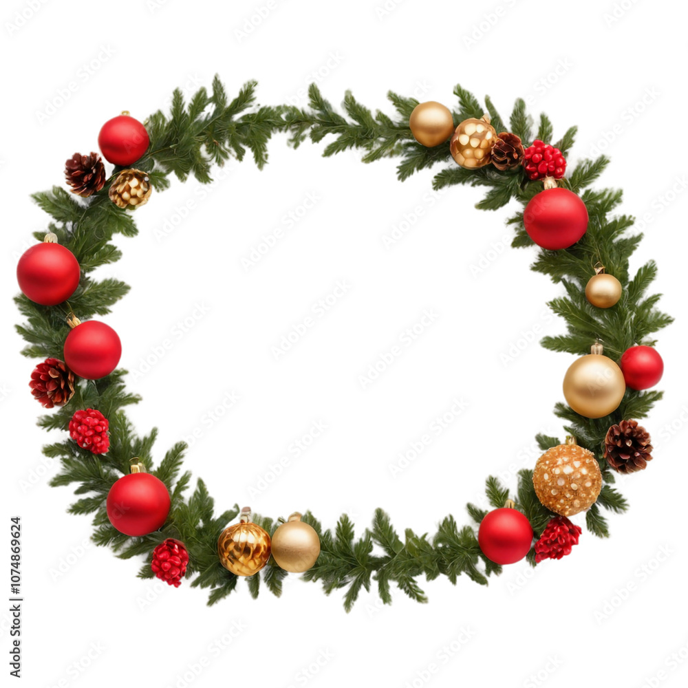 Festive Christmas wreath decorated with ornaments and pinecones in a cheerful holiday display Festive Christmas wreath decorated with ornaments and pinecones in a cheerful holiday display