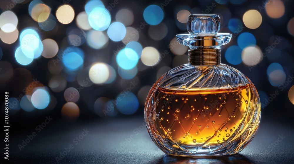 A beautifully designed perfume bottle with a warm amber liquid, set against a blurred background. A beautifully designed perfume bottle with a warm amber liquid, set against a blurred background.