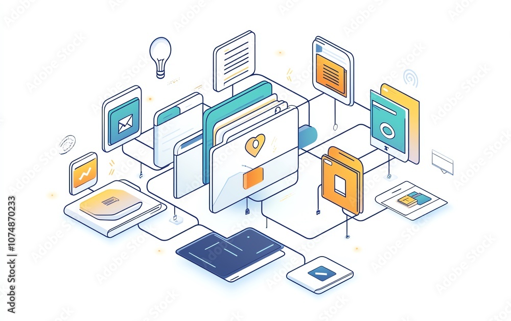 White background with interconnected digital document and folder icons, symbolizing streamlined data management and file organization White background with interconnected digital document and folder icons, symbolizing streamlined data management and file organization