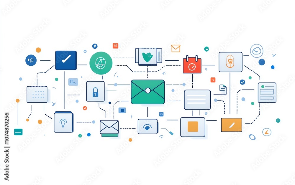 White background with interconnected digital document and folder icons, symbolizing streamlined data management and file organization White background with interconnected digital document and folder icons, symbolizing streamlined data management and file organization