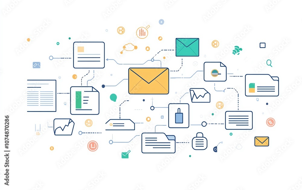 White background with interconnected digital document and folder icons, symbolizing streamlined data management and file organization White background with interconnected digital document and folder icons, symbolizing streamlined data management and file organization
