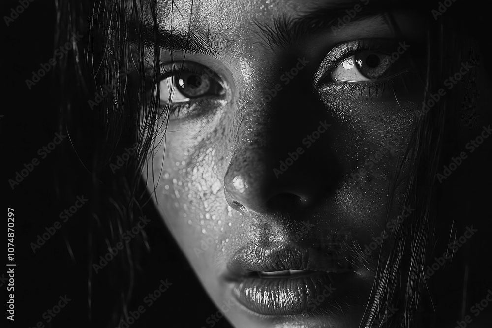 Black and white portrait of young woman after workout with sweat on her face. Black and white portrait of young woman after workout with sweat on her face.