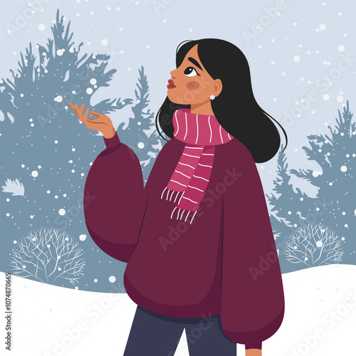 A carefree young woman in warm winter clothes catches falling snowflakes with her hands. Cartoon, flat vector.