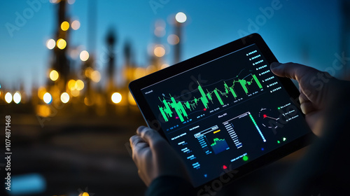 A tablet with a digital drilling dashboard is held by an operator near an oil field, showing pressure, depth, and speed metrics in a streamlined control system.