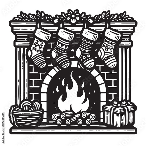 Cozy Christmas Fireplace Scene with Stockings and Gifts. This black and white illustration depicts a cozy Christmas scene.