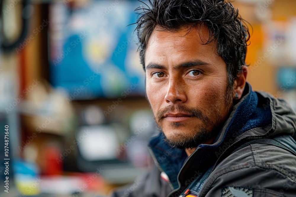 A man with dark hair and a rugged look sits attentively in a vibrant workspace filled with tools and equipment. He appears engaged and thoughtful, surrounded by various work materials A man with dark hair and a rugged look sits attentively in a vibrant workspace filled with tools and equipment. He appears engaged and thoughtful, surrounded by various work materials