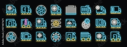 Neon icons of refrigerated trucks ensuring safe delivery of perishable goods, highlighting the importance of temperature control in logistics