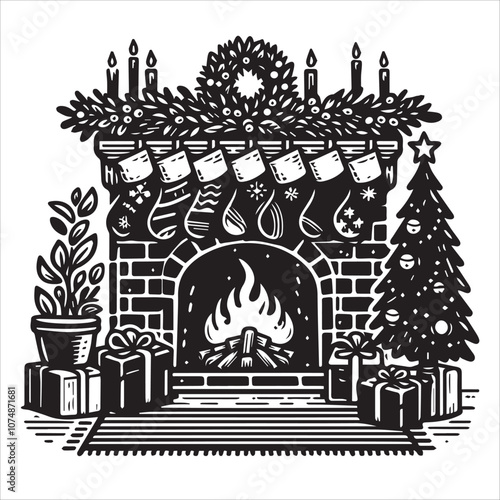 Cozy Christmas Fireplace Scene with Stockings and Gifts. This black and white illustration depicts a cozy Christmas scene.