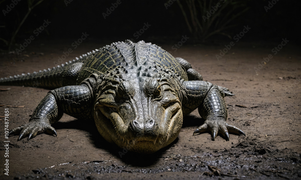 Obraz premium A large alligator rests on the ground, its scales catching the light in the darkness