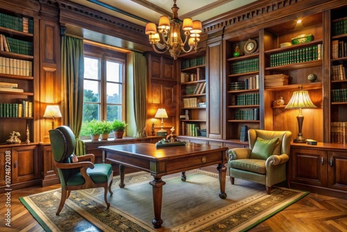 a library with a green chair and a table with a lamp on it