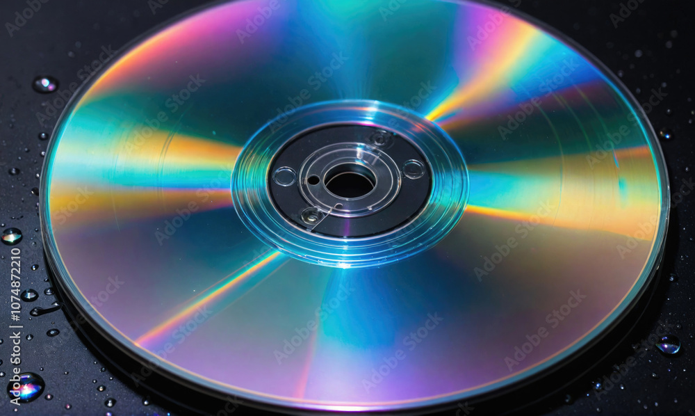 A shiny, silver CD sits on a dark surface with water droplets around it A shiny, silver CD sits on a dark surface with water droplets around it