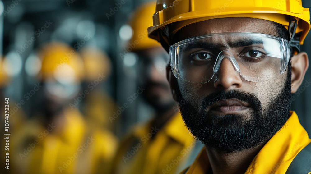 A close-up of a team of Indian factory workers, all in safety helmets and goggles, with detailed metal equipment in the background, emphasizing the importance of protective gear in A close-up of a team of Indian factory workers, all in safety helmets and goggles, with detailed metal equipment in the background, emphasizing the importance of protective gear in