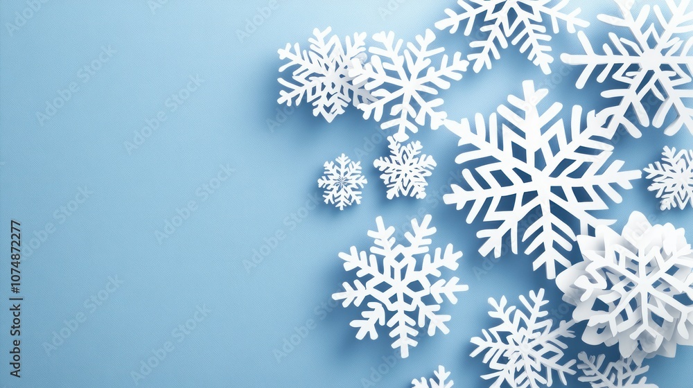 A collection of white snowflakes on a light blue background, evoking winter themes. A collection of white snowflakes on a light blue background, evoking winter themes.