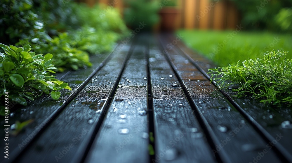 A close-up view of wet wooden planks surrounded by lush greenery after rain. A close-up view of wet wooden planks surrounded by lush greenery after rain.