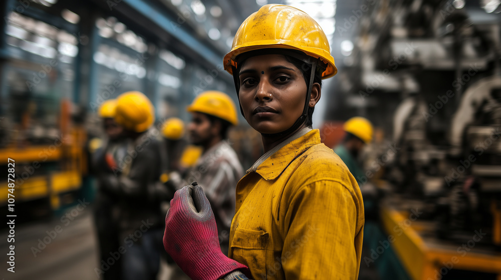 Indian workers wearing safety helmets and gloves, standing in a factory setting with various machinery in the background, expressing commitment to safe work practices. Indian workers wearing safety helmets and gloves, standing in a factory setting with various machinery in the background, expressing commitment to safe work practices.