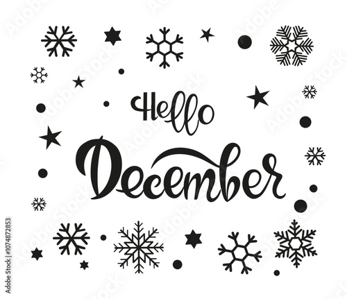 Handwritten, hello december, lettering message. December welcome quote. Modern lettering. Design for cards, banners, posters.	