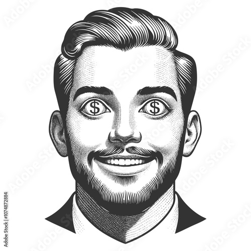 man with excited expression and dollar signs in his eyes, symbolizing greed or financial ambition sketch engraving generative ai vector illustration. Scratch board imitation. Black and white image.