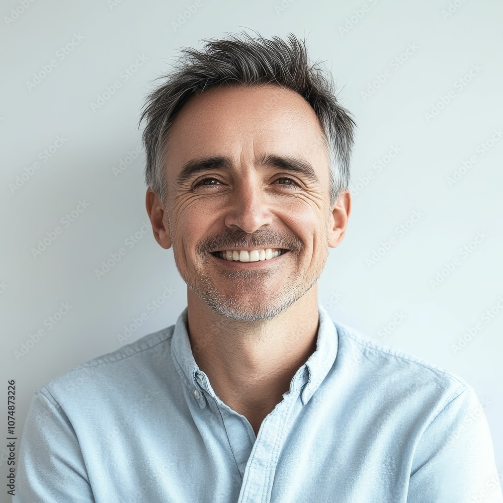 Fototapeta premium Smiling man wearing blue button-down shirt.