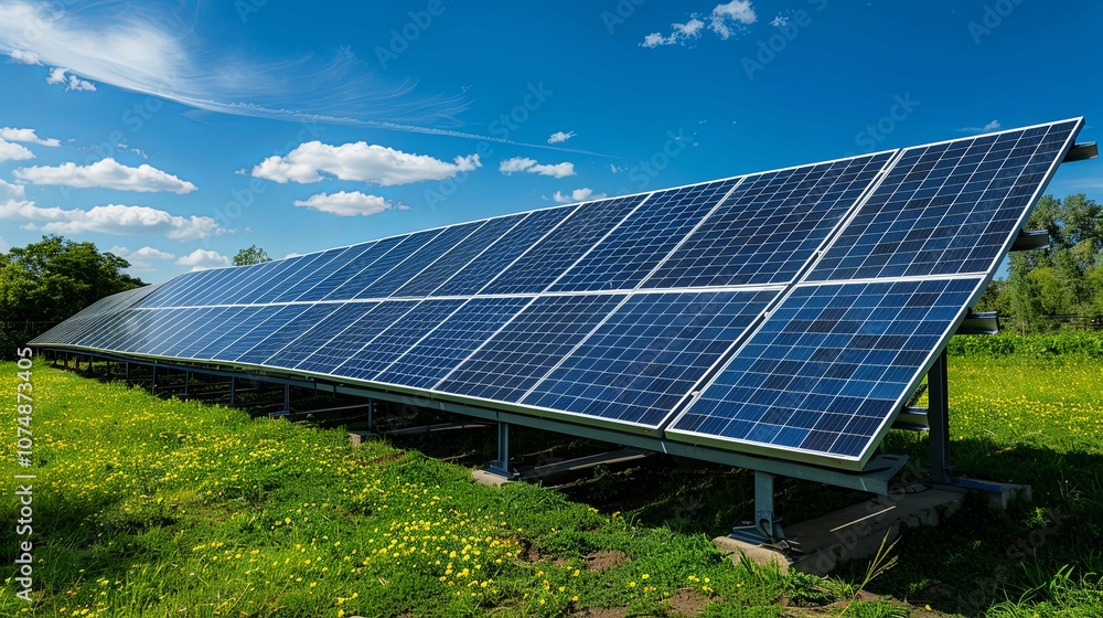 Solar Panel Array in Field with Blue Sky and Clouds Solar Panel Array in Field with Blue Sky and Clouds
