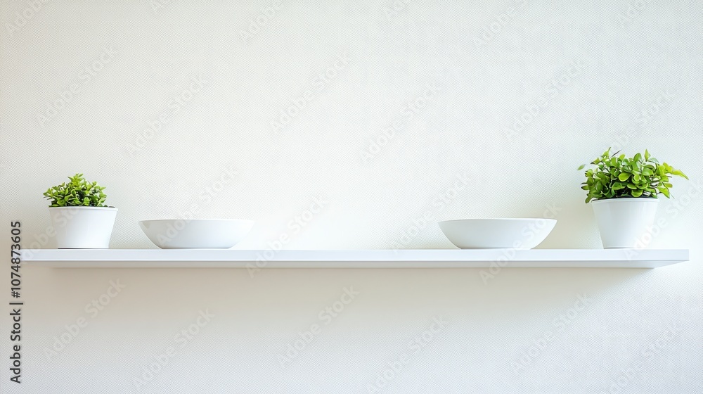 White Shelf With Green Plants And Bowls White Shelf With Green Plants And Bowls