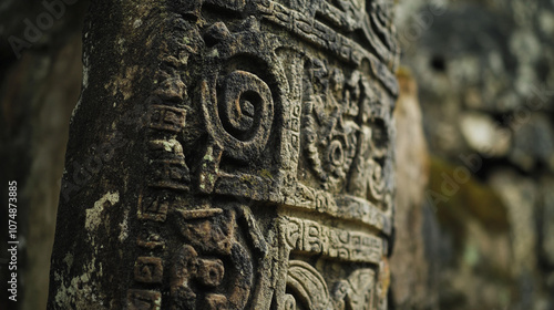 Close-up of intricate carvings on a weathered stone column, showing ancient symbols and patterns. photo