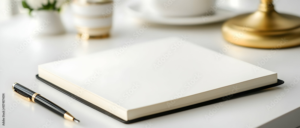 A closed, white notebook with a black cover lies on a white table next to a black pen, with a cup of coffee and a golden decor in the background. A closed, white notebook with a black cover lies on a white table next to a black pen, with a cup of coffee and a golden decor in the background.