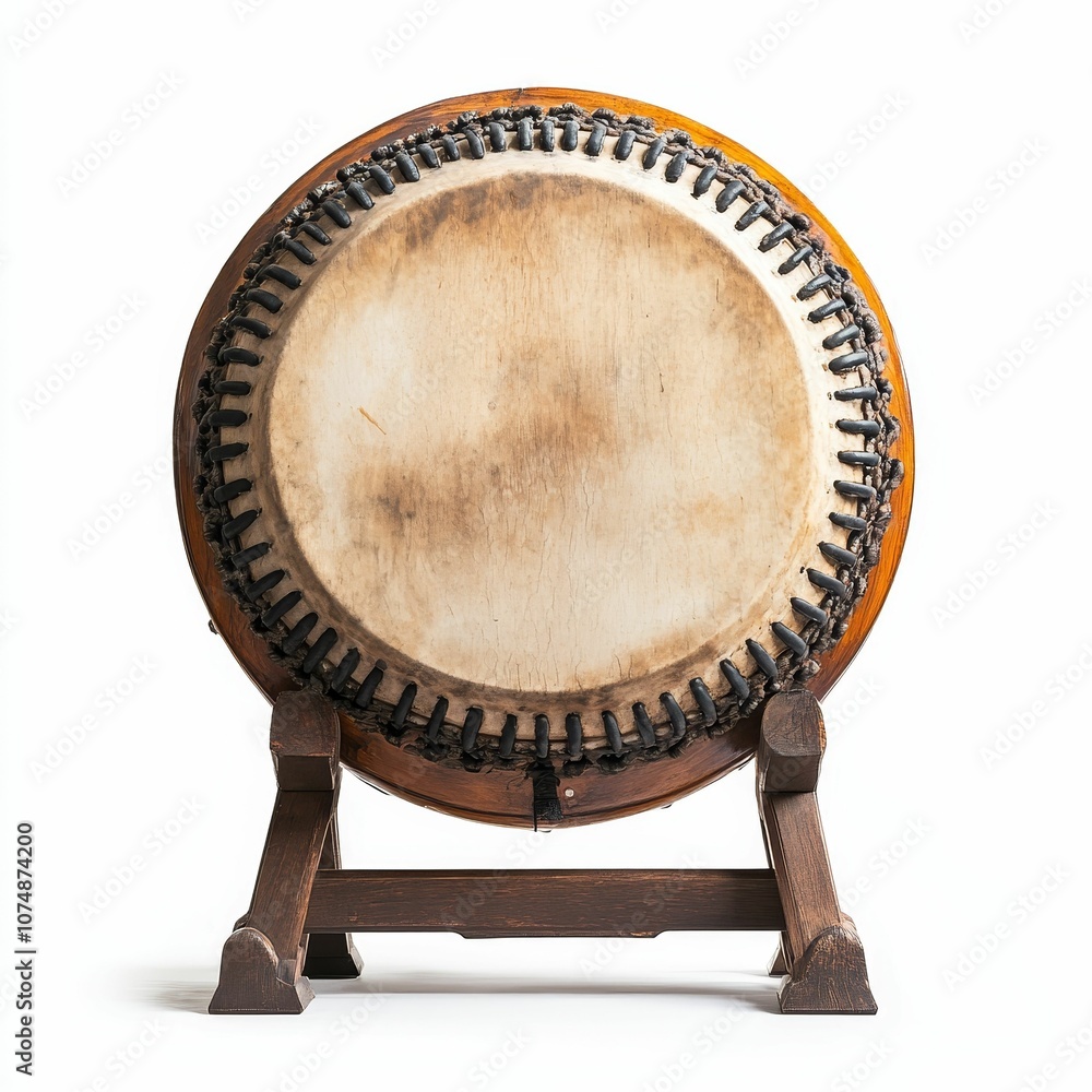 Fototapeta premium Wooden drum with leather head on stand.