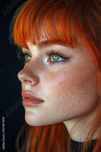 Portrait of a beautiful red haired woman with green hazel eyes on black background. photo