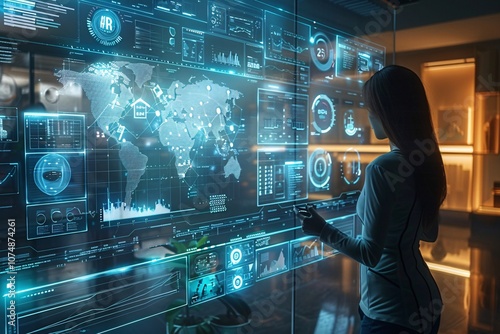 Wallpaper Mural A woman interacts with an advanced digital interface, analyzing global data in a contemporary office. The room glows with screens displaying various statistics and graphs at night Torontodigital.ca