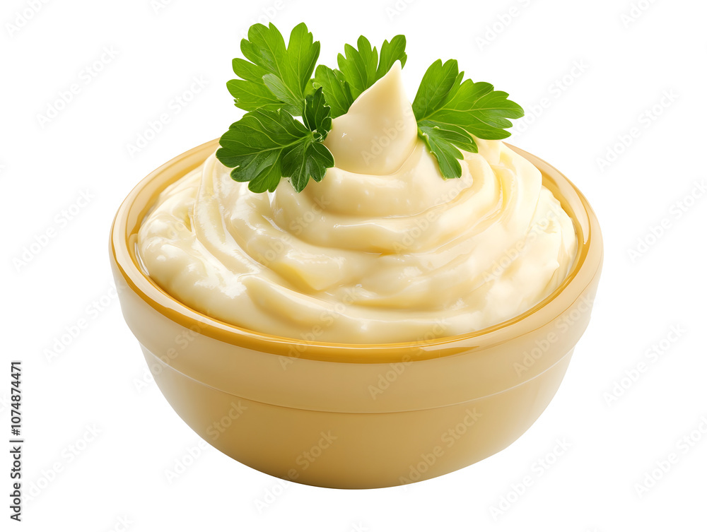 A bowl of creamy mayonnaise, garnished with fresh parsley. This is a great addition to any sandwich or burger. A bowl of creamy mayonnaise, garnished with fresh parsley. This is a great addition to any sandwich or burger.