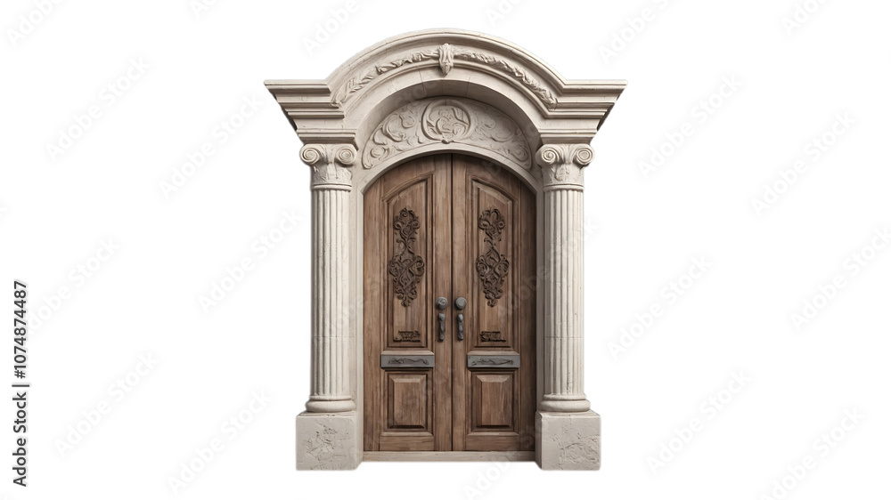 Obraz premium Classic Wooden Door Flanked by Decorative Columns Isolated on Transparent Background.