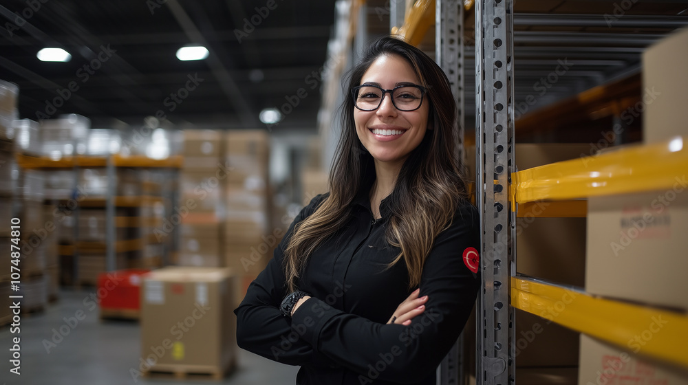 Fototapeta premium A cheerful female warehouse worker leaning against a metal rack, smiling warmly, with boxes and organized shelving in the background, embodying professionalism and positivity.