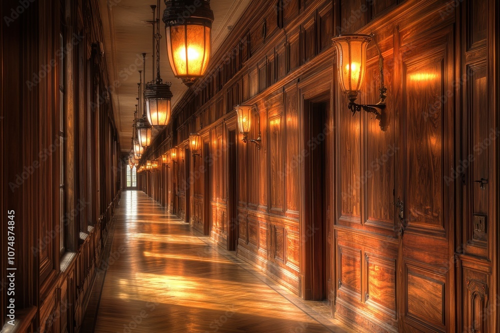 A dimly lit wooden hallway with ornate lanterns casting warm light. A dimly lit wooden hallway with ornate lanterns casting warm light.