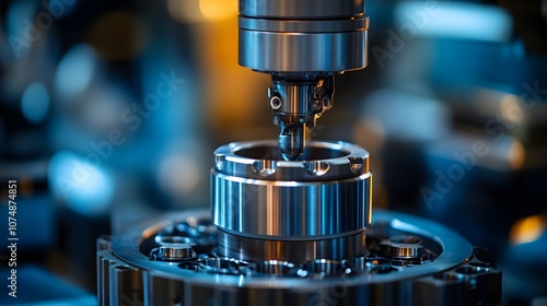 Robotic assembly line in automotive factory showing precision machinery and metallic parts, highlighting industrial automation in clean environment with cool blue tones.