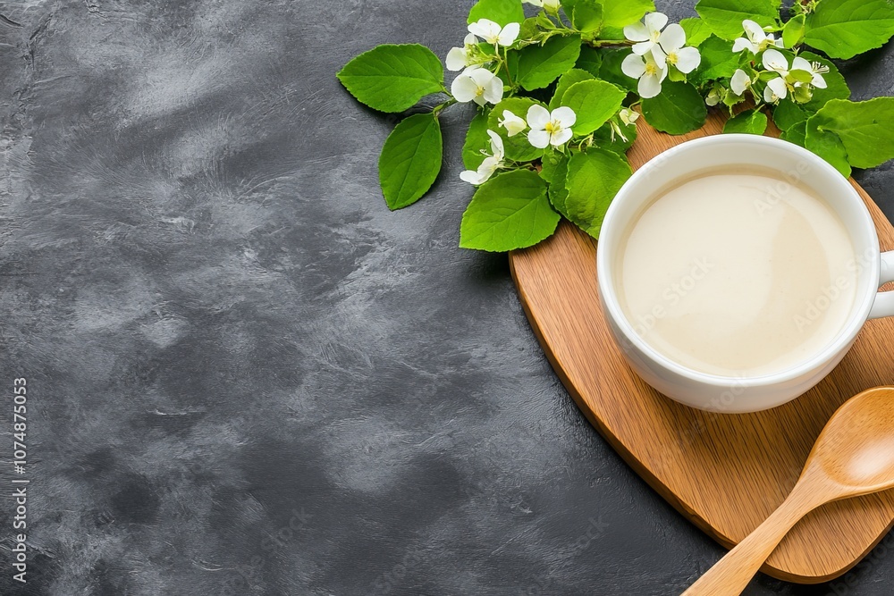 Una taza blanca de leche caliente acompañada de flores blancas y hojas verdes, dispuesta sobre una bandeja de madera con un fondo oscuro.
Una taza blanca de leche caliente acompañada de flores blancas y hojas verdes, dispuesta sobre una bandeja de madera con un fondo oscuro.