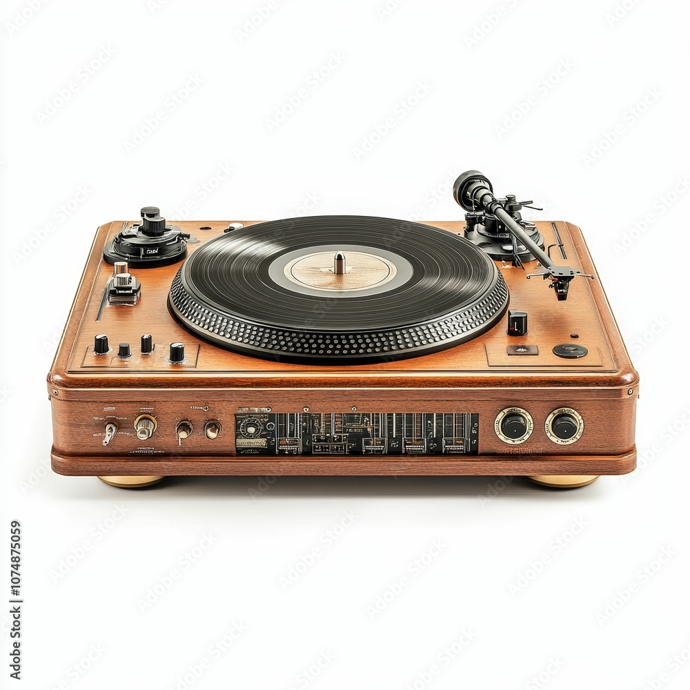 Obraz premium Wooden vintage record player with needle.