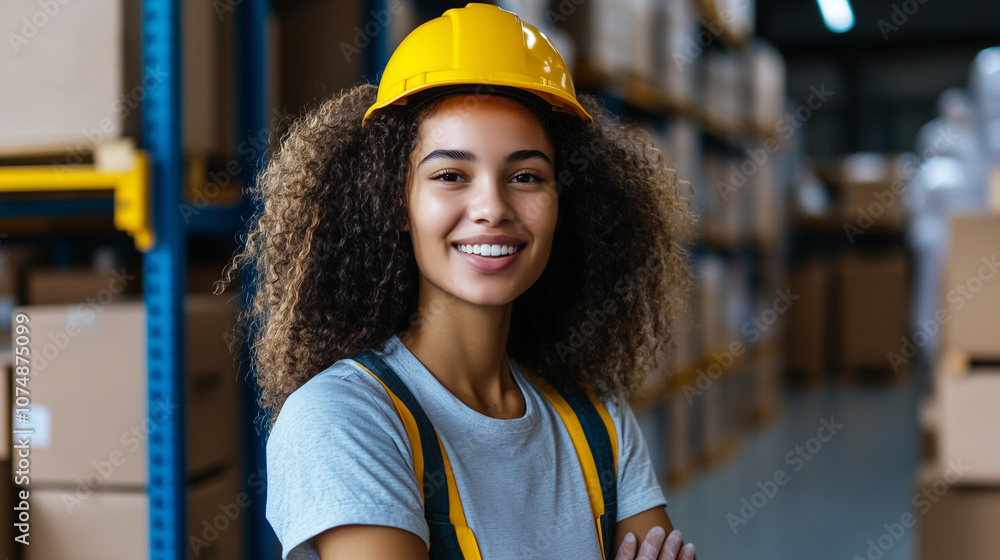 A female warehouse employee smiling as she oversees a package-sorting area, wearing protective gear, with rows of boxes and aisles stretching behind her. A female warehouse employee smiling as she oversees a package-sorting area, wearing protective gear, with rows of boxes and aisles stretching behind her.