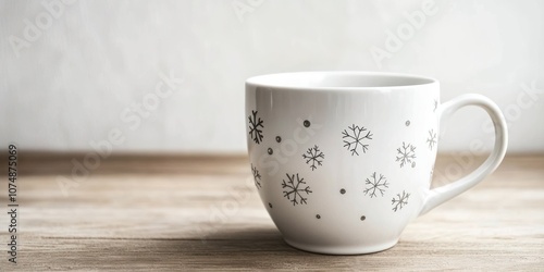 A white mug adorned with snowflake designs, resting on a wooden surface.