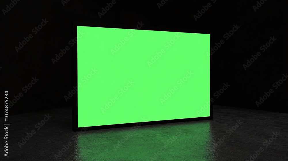 huge green screen projector chroma key mockup indoor black dark room film template modern empty location isometric perspective from the angle huge green screen projector chroma key mockup indoor black dark room film template modern empty location isometric perspective from the angle