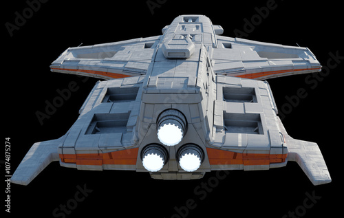 Medium Space Ship with Rear Mounted Cannon Turret with White and Orange Colour Scheme on a Black Background, Rear View, 3d digitally rendered science fiction illustration