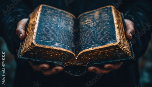 Closeup of an open Bible with a black cover and yellowed pages, held gently in hand against the chest, generative AI, serene and intimate religious scene