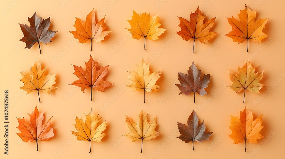 Arranged autumn maple leaves creating minimalist flat lay composition on light orange background, featuring dried leaves in warm brown tones with studio lighting. Arranged autumn maple leaves creating minimalist flat lay composition on light orange background, featuring dried leaves in warm brown tones with studio lighting.